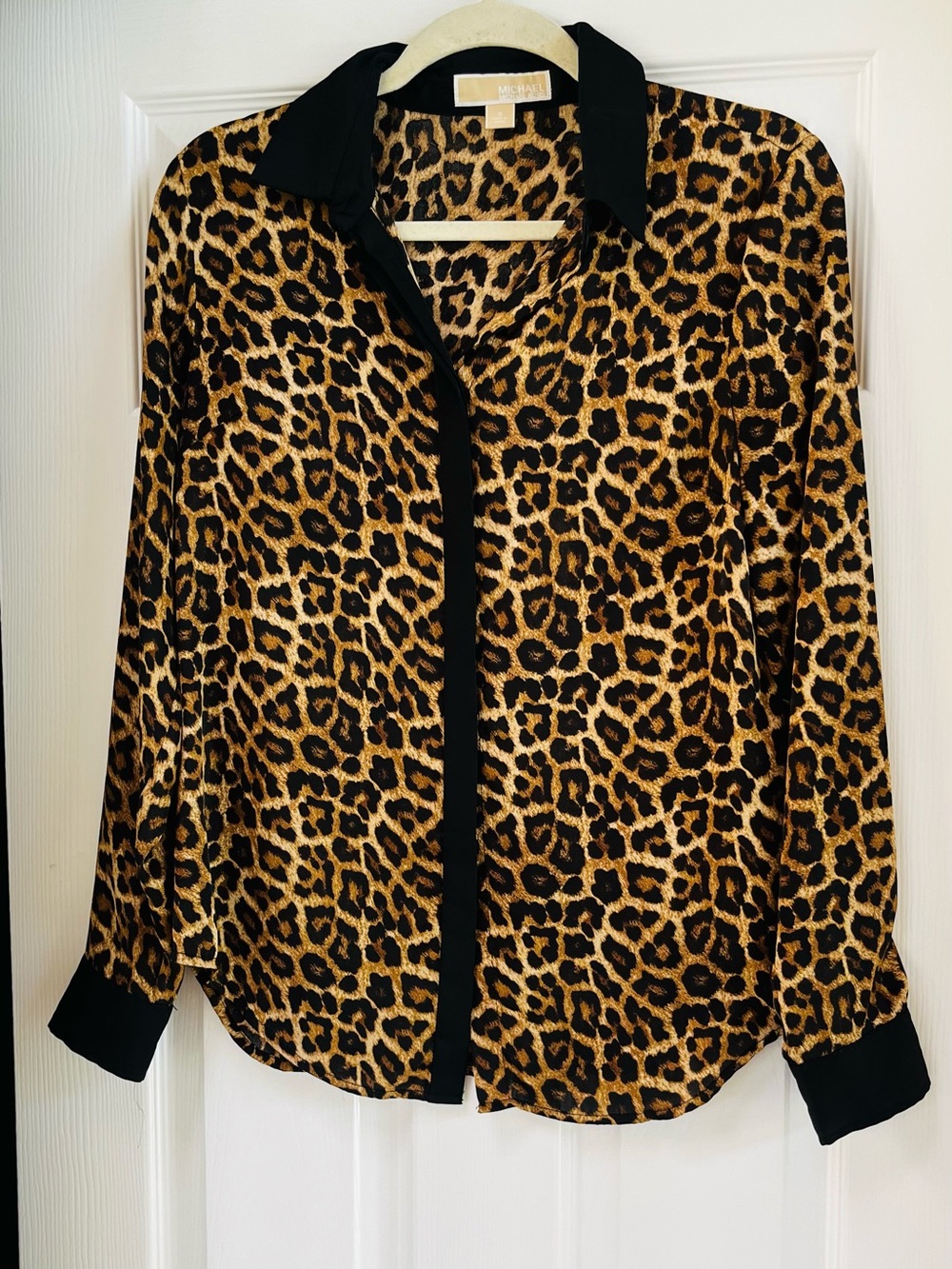 Michael Kors Leopard Print Button-Down Shirt with Black Trim